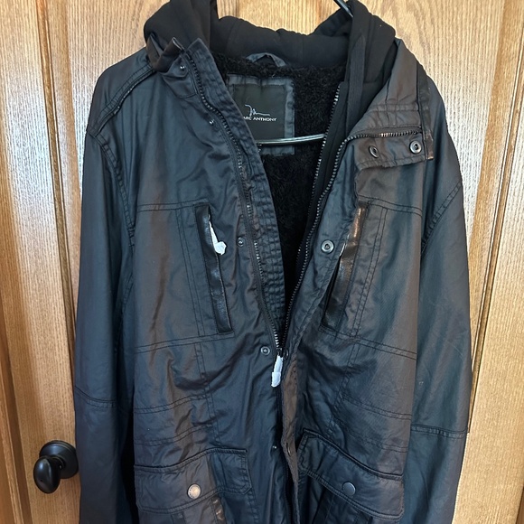 Marc Anthony Faux Black Leather Lined Jacket w/hood-size Large